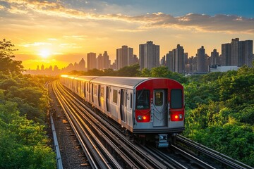 Obraz premium Trains travel through urban and tropical landscapes with vibrant surroundings. Public transport. AI generated image