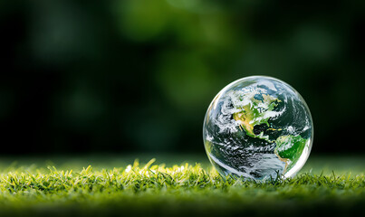 A crystal glass globe on lush green grass with a vibrant natural backdrop, symbolizing global conservation and environmental awareness in a serene outdoor setting.