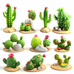 Colorful Cartoon Cacti in Desert Scene with Sand and Rocks