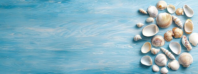 Assorted seashells on a textured blue background resembling ocean waves. Minimalistic design highlighting natural beauty and coastal vibes.