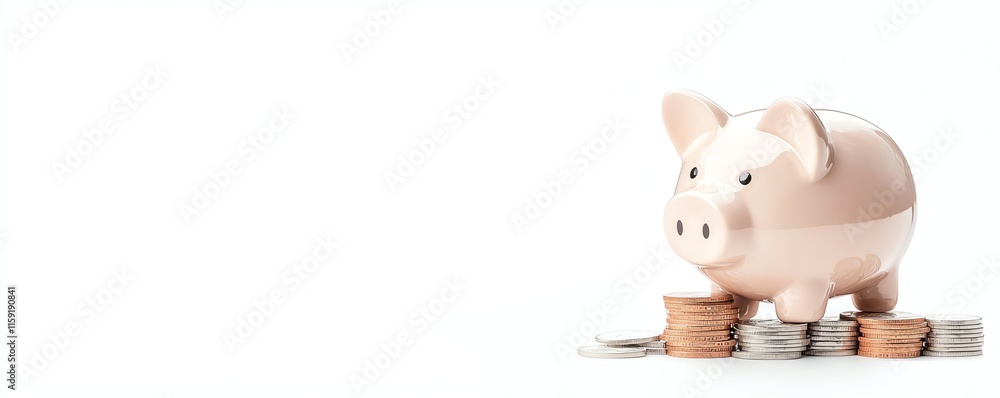 Poster a piggy bank on a stack of coins symbolizes saving and financial management. ideal for concepts of e