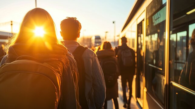 Morning Rush Hour Public Transportation Commuters Boarding Under Bright Sunrise Glow