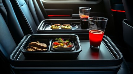 Business Class Dining Setup with Gourmet Meal and Refreshing Beverage