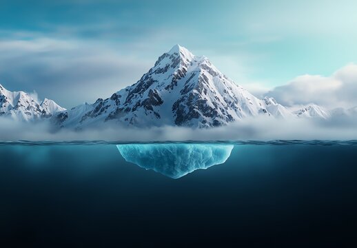 Majestic snow-covered peak rising from the tranquil ocean with an iceberg submerged beneath, reflecting the calmness of nature's beauty and the mysteries hidden below the surface.