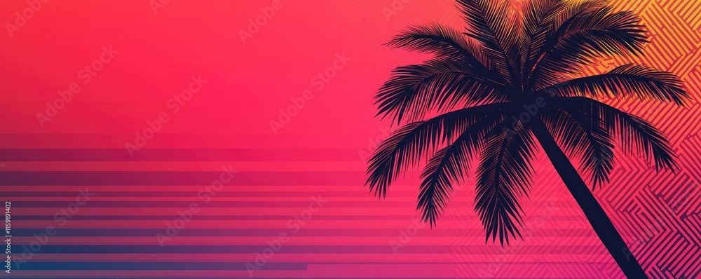 Poster palm tree abstract background idea. colorful sunset with a silhouette of a palm tree and vibrant gra