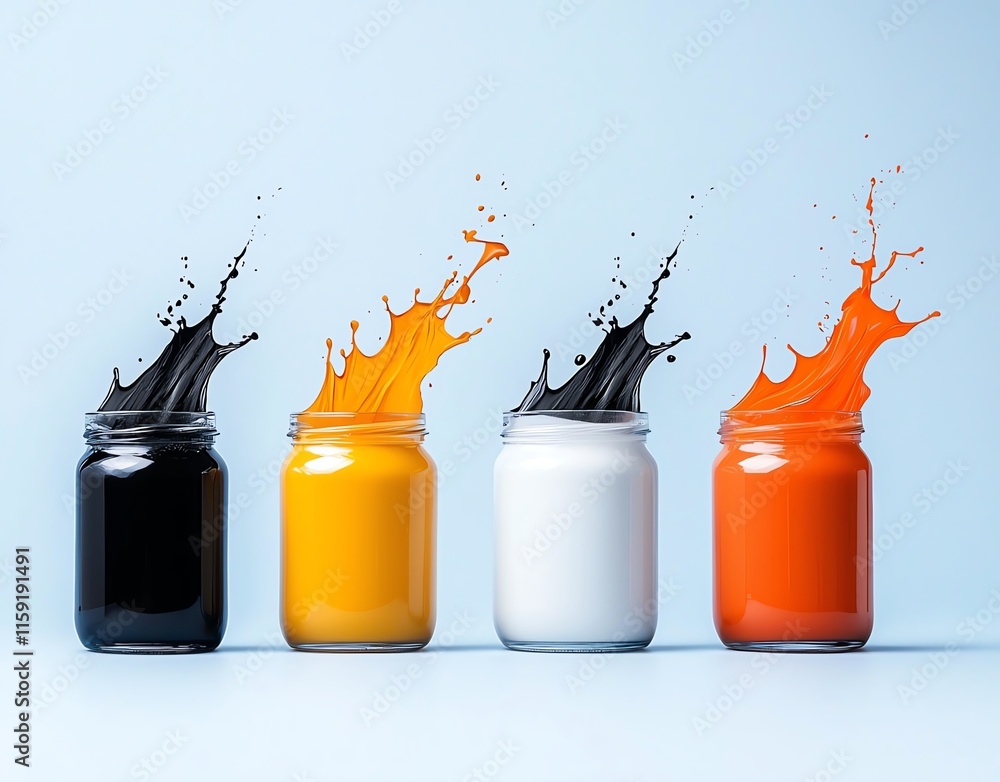 Poster four jars of colorful paints splash dynamically