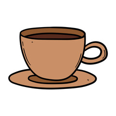Hand drawn cartoon coffee cup and saucer on white background.