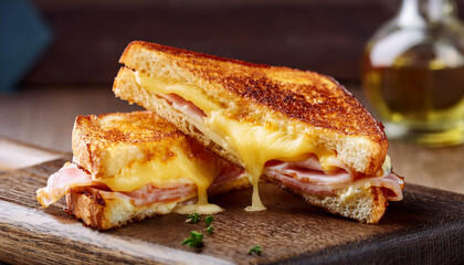 Hot croque monsieur, French ham and grilled cheese sandwich on wooden board. Fast food. Tasty snack