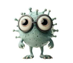A cartoonish, light-blue microbe character with large eyes and glasses is isolated on a transparent background.