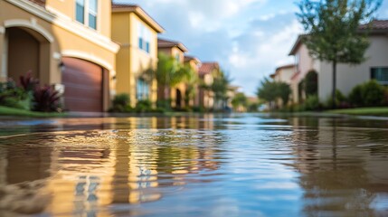 Serene Neighborhood After Heavy Rainfall Showing Calm Water Reflections on Street Surface