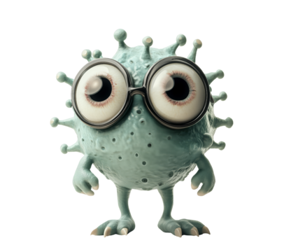 A cartoonish, light-blue microbe character with large eyes and glasses is isolated on a transparent background.
