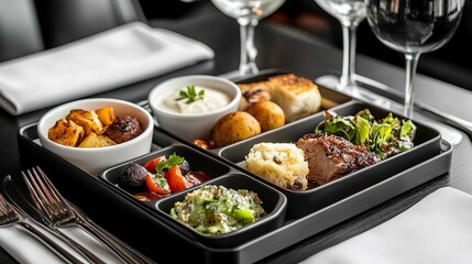 Elegant Dining Tray Setup Featuring High-End Cuisine in Upscale Restaurant Environment