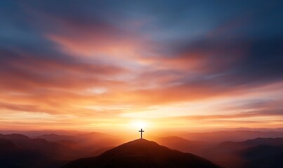 Fototapeta premium A serene sunrise over a hill topped with a cross, creating a spiritual and tranquil atmosphere. The sky is painted with vibrant oranges and blues, symbolizing hope and peace.
