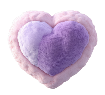 A fluffy, heart-shaped pillow with layered pink, lavender, and purple sections is isolated on a transparent background.