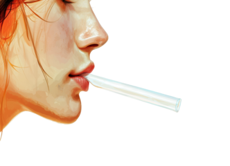 A digital painting of a woman's face with a clear plastic straw in her mouth, is isolated on a transparent background.