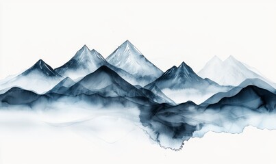 Ethereal Mountain Landscape with Soft Fog and Fluid Watercolor Tones in Blue and White