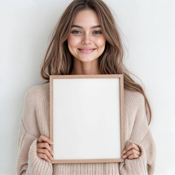 A girl holding a blank picture frame and smiling at the camera