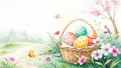 Watercolor Illustration Happy Easter Day with Colorful Egg Prints