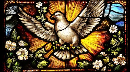 A stained glass window featuring a majestic dove in flight, holding an olive branch in its beak, surrounded by radiant beams of light, celestial patterns, and a serene sky,
