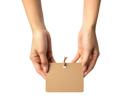 Two hands gently holding a blank kraft paper tag are isolated on a transparent background.
