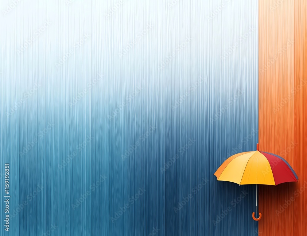 Poster vibrant gradient background with a colorful umbrella. blue tones transition to orange, providing a m