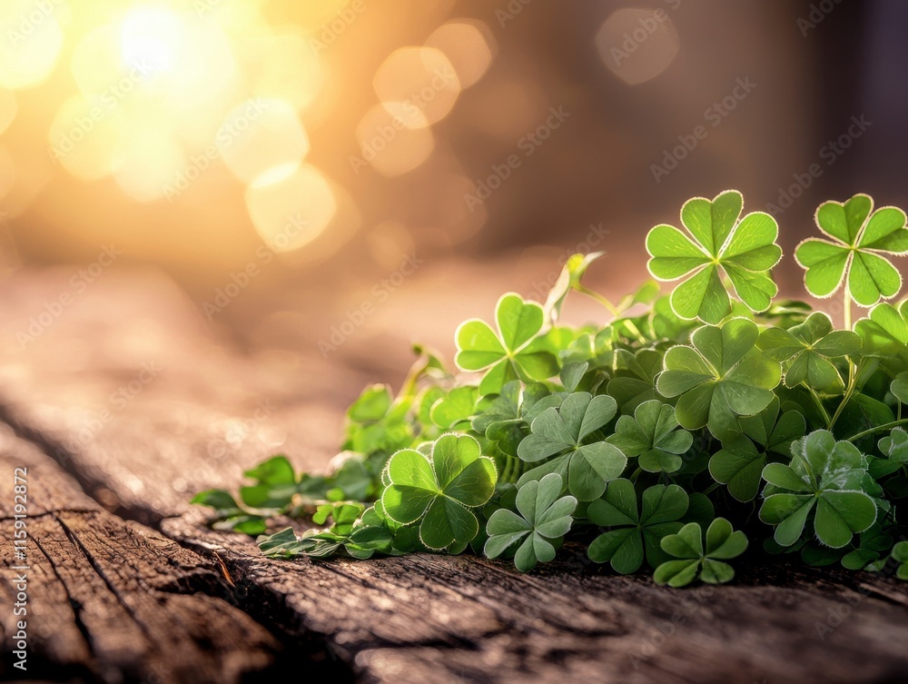 Poster close-up of green clover leaves on rustic wooden table with soft sunlight bokeh background