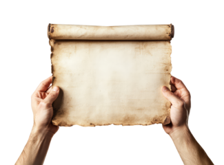 Hands holding an unrolled, aged parchment scroll or document are isolated on a transparent background.