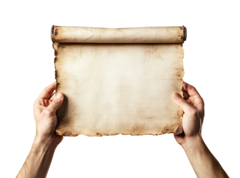 Hands holding an unrolled, aged parchment scroll or document are isolated on a transparent background.