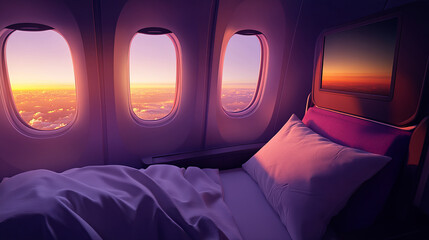 Luxurious Business Class Airline Seat with Stunning Sunset View from Window