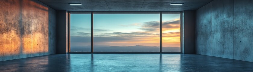 A modern interior space with large windows showcasing a stunning sunset view over a vast landscape.