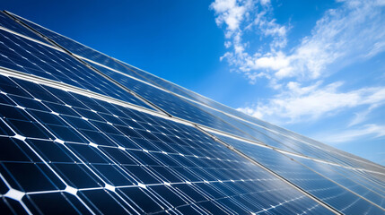 Rows of Solar Panels Under Bright Blue Sky for Sustainable Energy Generation