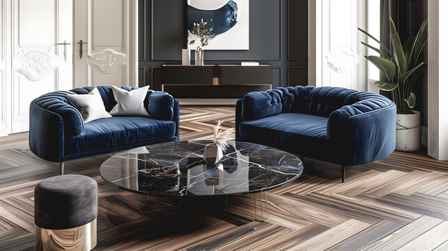 Salon &eacute;l&eacute;gant avec fauteuils bleus en velours, table basse en marbre noir et d&eacute;coration moderne.