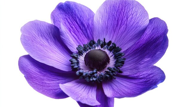 An extreme close-up of a purple anemone flower with its vibrant petals and dark center, isolated white background, minimalistic art style