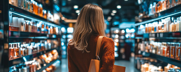 Shopper exploring vibrant duty-free store in luxury airport environment with diverse products