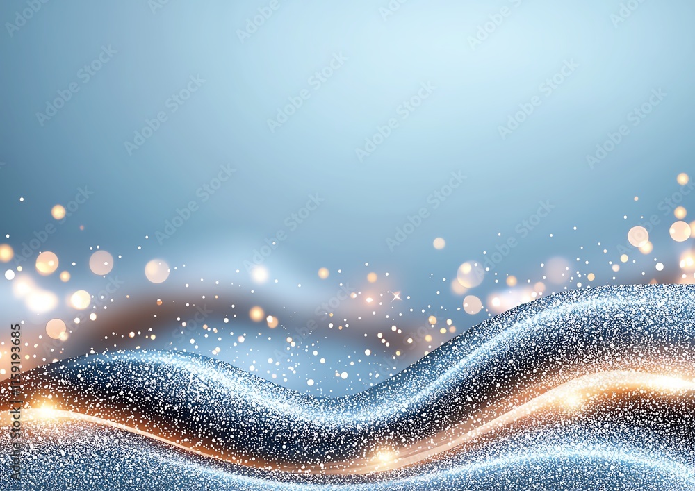 Poster a mesmerizing abstract background featuring shimmering blue and gold waves with sparkling bokeh ligh