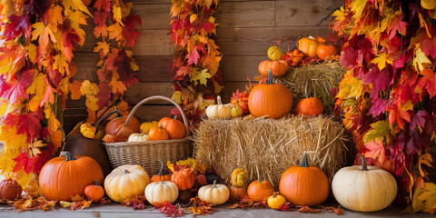 Autumn Harvest Pumpkins Hay Bales Fall Leaves