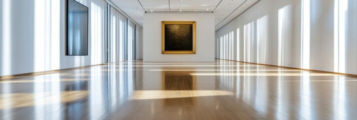 Fototapeta premium Luxurious art gallery showcasing a large painting with natural light illuminating polished wooden floors. Generative AI