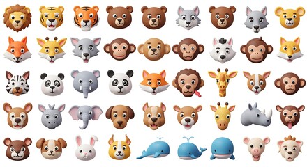 Obraz premium All Animals Vector Icons. Emoji Set. Colorful Wildlife Symbols. Animal Face, Head Emojis, Emoticons Set, Collection – Vector 