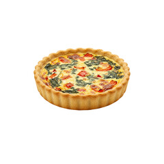 A golden-brown quiche with visible vegetables and cheese filling. png isolated background. transparent background.