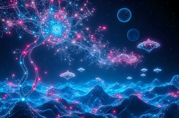 Magical Night in the Mountains: Bioluminescent Trees Amidst Snowy Peaks