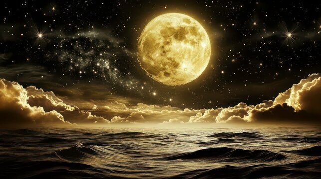 Full moon on night black sky with stars in the background, moon isolated on night sky