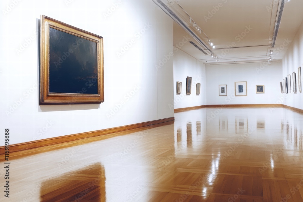 Poster luxurious art gallery featuring elegant wooden flooring and vibrant framed artworks on display in a 