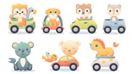 Fototapeta premium Adorable Baby Animals Transportation Illustration Bundle in Flat Vector Style