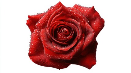 An extreme close-up of a vibrant red rose with dewdrops on its petals, isolated white background, minimalist art style