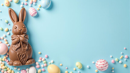 Chocolate easter bunny, eggs and candies on blue background. Easter holiday sweets for egg hunt. Greeting card, flyer with copy space. Flat lay, top view
