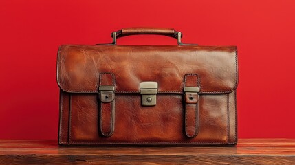 High-quality leather business briefcase displayed on a wooden surface against a red backdrop
