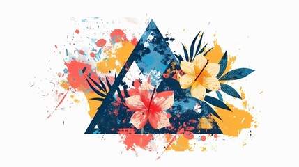 Colorful Screen Printing Effect of Triangle with Flower: Vibrant Abstract Design