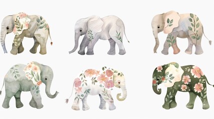 Elegant Watercolor Floral Baby Elephant Collection