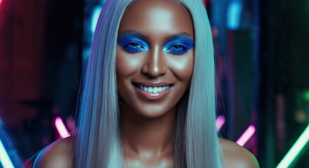 Fototapeta premium Glamorous young african female with radiant makeup in neon lights for modern fashion designs