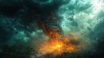 Obraz premium Massive tornado devastates rural area with destructive winds and debris